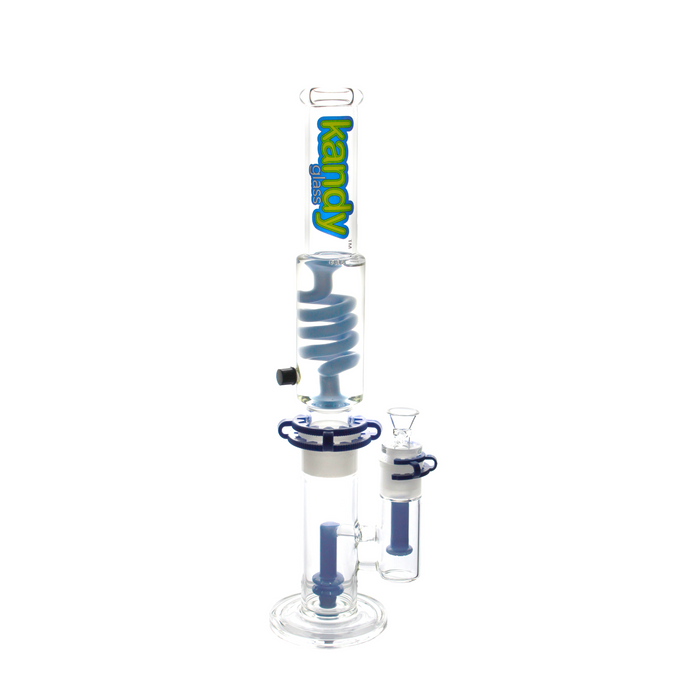 Kandy Glass Waterpipe 18" W/ Dual Slitted Perc & Slitted Perc On Downstem, Two Part W/ Spiral Glycerin On Top Part, W/ Colored Spiral, Perc & Downstem
